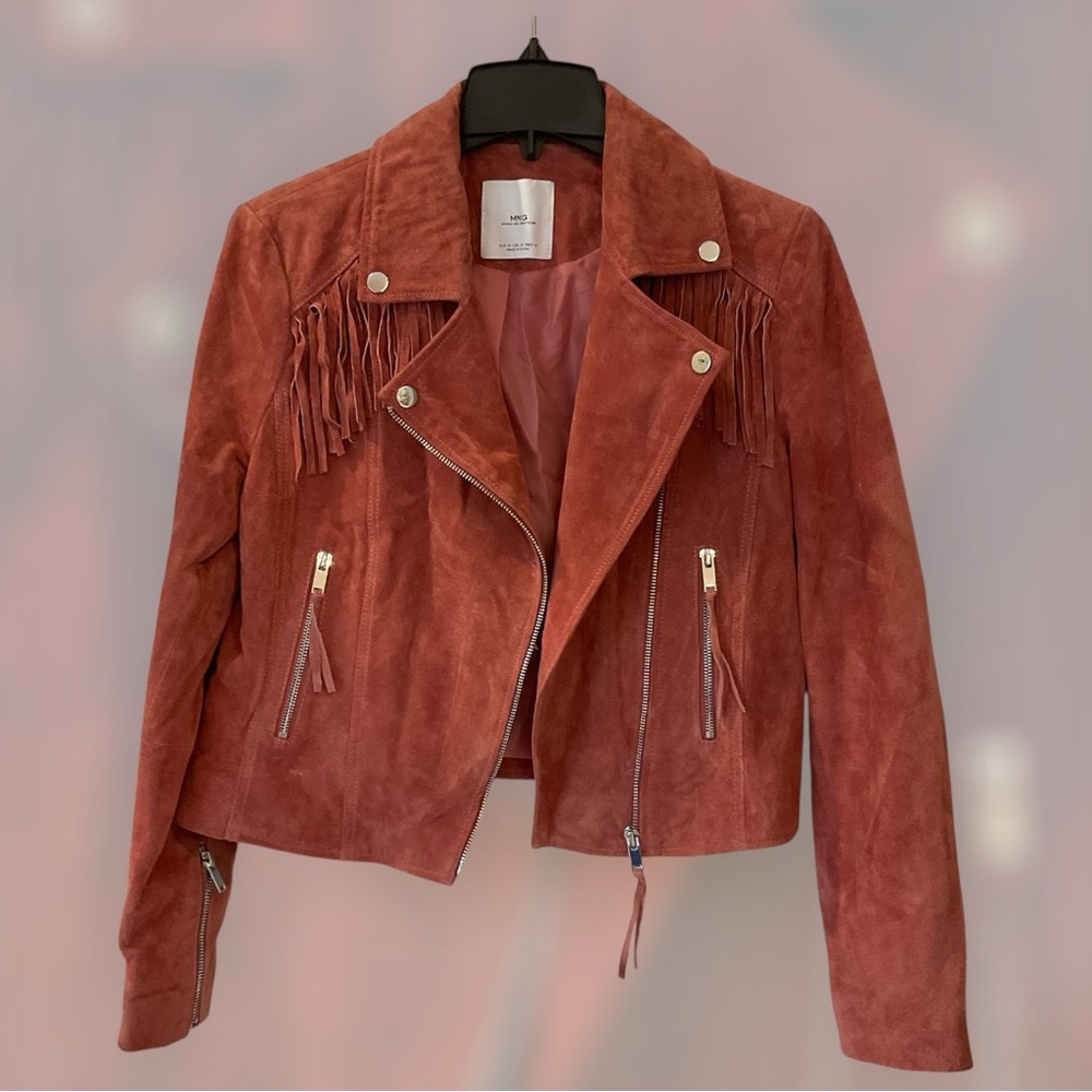MNG Mango Leather biker fringed jacket with zipper detail, mauve color, Sz M - Picture 1 of 16